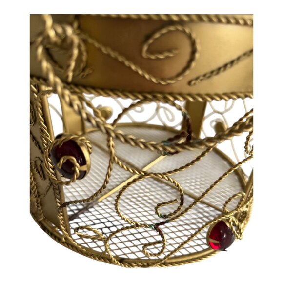 1990s Gold Wire Metal Candle Holder with Red Gem Accents – Round Scroll Design – - Picture 3 of 7